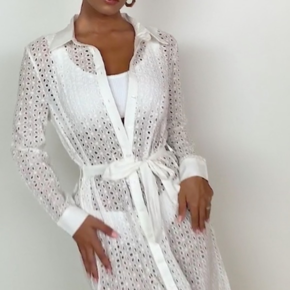 White Broderie Tie Waist Beach Dress - Picture 1 of 8